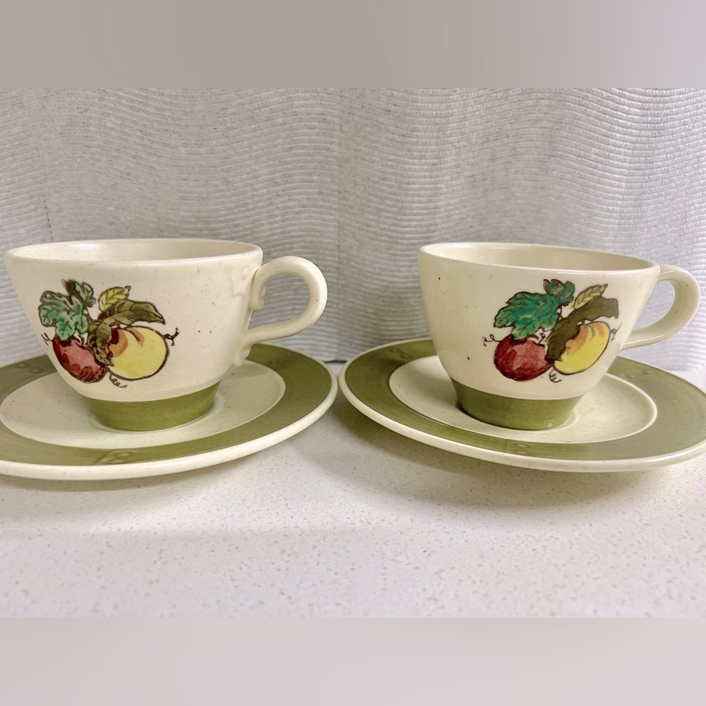 Metlox Poppytrail Provincial Fruit Green Cup & Saucer California USA Set of 2